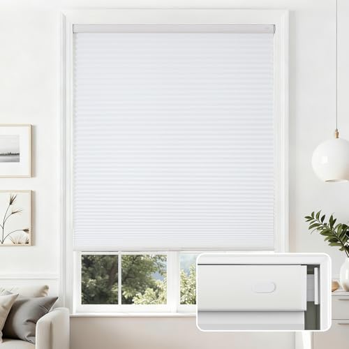 Image of Joydeco No Tools No Drill Cordless Cellular Shades, Light Filtering Honeycomb Blinds for Indoor Windows, Thermal Insulating & Noise Reducing (White, 34" W x 64" H)