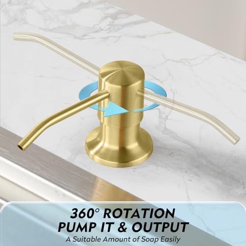CREA Küchenspülen Eingebaute Seifenspender, Spülmittelspender für Spülbecken Einbau in Arbeitsplatte mit 500ml Flasche und 1m Verlängerungsschlauch von Oben Befüllen Edelstahl, Gold