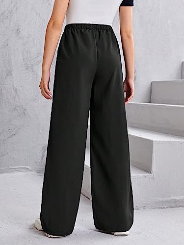 Image of WDIRARA Girl's Drawstring Waist Wide Leg Trousers Casual Pants with Slant Pocket Black 10-11Y