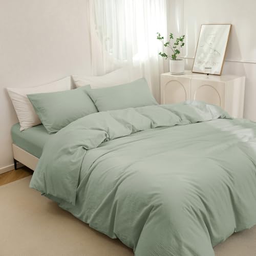 JIYUAN 100% Washed Cotton Duvet Cover Set 3 Pieces Super Queen, 1 Duvet Cover 90x98 Inches(Comforter Not Included) and 2 Pillowcases,Linen Feel Bedding Set Comfy and Breathable, Heathered Sage Green