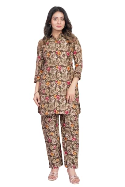 Women's Coffee Brown Rayon Floral Printed Tunic and Pant Set | Casual Shirt Style Kurti with Trousers | 3/4 Sleeve Co-ord Suit (COTSET COFEE 5XL)-image-9