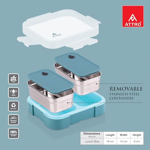 Image of ATTRO Admire 2 Insulated Lunch Box | 2 Removable Stainless Steel Containers with Lids | BPA-Free, Food Grade, Leak-Proof| Ideal for School, Office & Outdoor Use| 800ml, Aqua Blue
