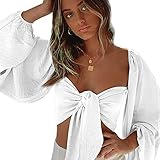 DREAM SLIM-Women's Sexy Self Tie Knot Front Crop Tube Satin Top Off Shoulder Ruffles Lantern Sleeve...