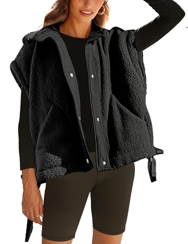 Athlisan Womens Fleece Vest Casual Sleeveless Button Down Sherpa Jacket Outerwear with Pockets(Black-M)