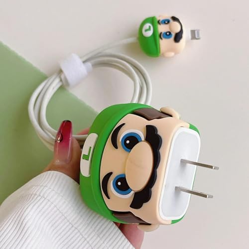Image of INEFABLE Charger Case Cover Protector with 3D Cute Pattern for iPhone Charger only 18W & 20W, Data Charging Cable Wire Saver Protective Cable Cover Full Protection - Set of 1 (Green Mario)
