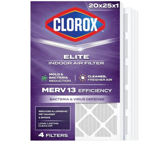 Clorox 20x25x1 Air Filter MERV 13 Pleated HVAC AC Furnace Air Filters for Allergies Pet Dander Smoke and more MPR 1500 & FPR 10 Pack of 4
