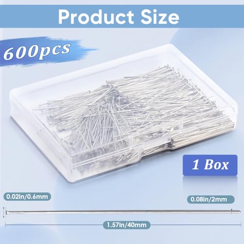 SOFPLATE 1 Box 600Pcs Silver Flat Head Pins Fine Straight Pins 40mm Long Flat Headpins Brass jewellery Findings Pins for jewellery Making Accessories DIY Dangle Earring Sewing Crafts Women Adult Suppl - Image 2