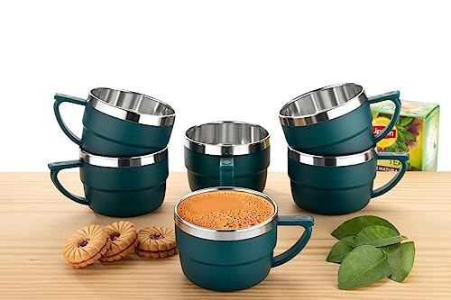 Image of HAPPI Tea Cups Set Coffee Mug Insulated Stainless Steel Inner Stylist Double Wall Cup for Home Office Restaurant Use Tea Mugs Set of 6 (Bottle Green)