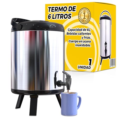 Termo Grande - Termo Contenedor 6L Portátil - Dispensador de Bebidas Térmico con Grifo - Dispensador Bebidas Frías/Calientes, Agua, Café - Para Catering, Hoteles, Eventos o Reuniones - Acero Inox