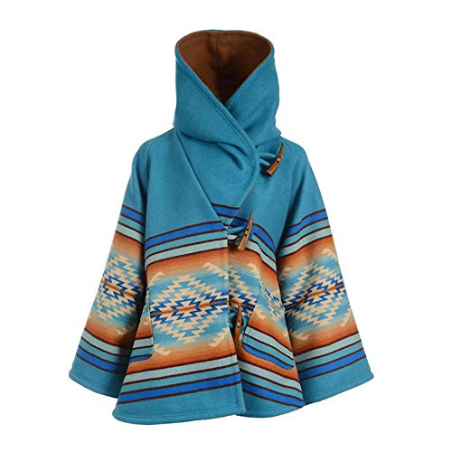 ANOKA Hooded Ponchos for Women Horn Button Wool Jackets Blue Medium