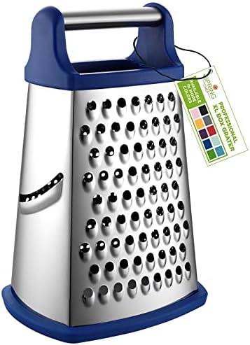 Professional Cheese Grater - Stainless Steel, XL Size, 4 Sides - Perfect Box Grater for Parmesan Cheese, Vegetables, Ginger - Dishwasher Safe - Sapphire