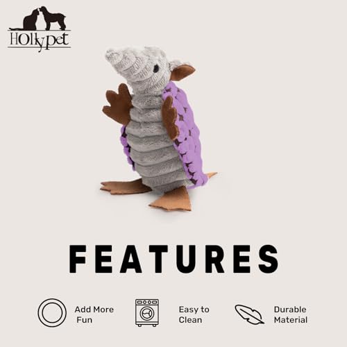Image of Hollypet Plush Dog Squeaky Toy Stuffed Armadillo Animal Pet Puppy Chew Toys with Clean Teeth for Small Medium Large All Breed Sizes Dogs, Purple, 6 in