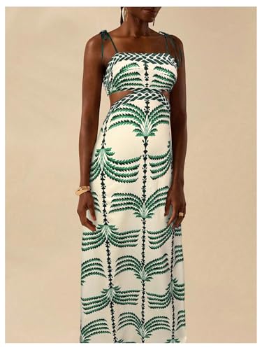 Image of SOLY HUX Women's Summer Maxi Dress Boho Print Tie Shoulder Spaghetti Strap Cut Out Tie Back Cami Dresses Sundress