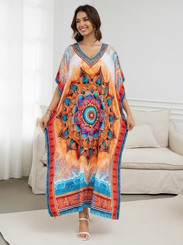 Image of IMAGEKOPE Women's Plus Size Loose Fit Moroccan Print V-Neck Batwing Kaftan Beach Dress Bathing Suit Cover Up