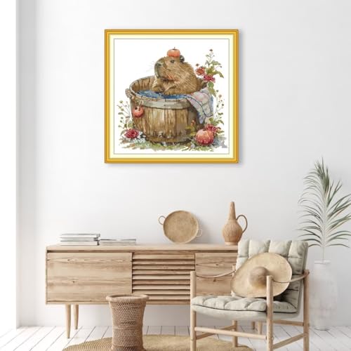 Image of CROSSDECOR Stamped Cross Stitch Kits Full Range of DIY Needlepoint for Adult Beginners Pattern, for Gift and Home Decor 14CT 2 Strands Capybara,15.35x15.35 inch