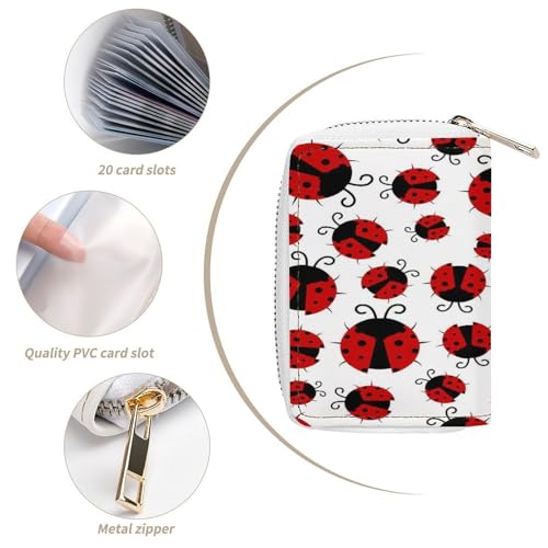 Women Leather Coin wallet, Key Change Organizer Zipper Card Holder Purse Clutch Pouch Pocket 4.5x3.15 in Print Seamless Red Ladybugs Texture on White4