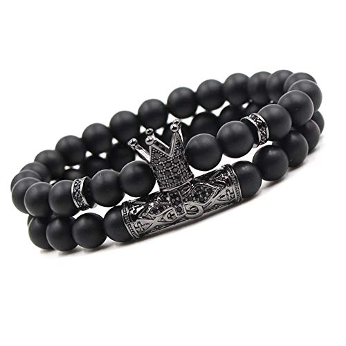KWHY Black Matte Beads Bracelets 8mm Onyx Stone Bracelets Sets Charm King Crown for Women Men Jewelry