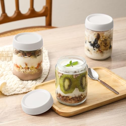 Image of NETANY 6-pack 16oz Glass jars with Airtight Lids, Overnight Oats Containers with Lids, Wide mouth Mason Salad jars, Glass Food Storage Containers for Snacks Yogurt Spice Sugar-White