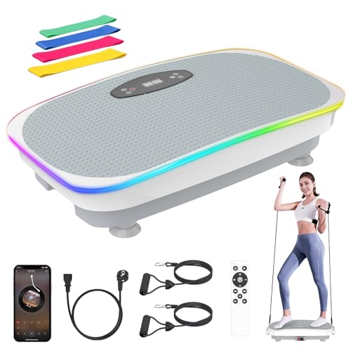 Vibrationsplatte, Rüttelplatte Sport für Zuhause, 120 Leistungsstarke einstellbare Geschwindigkeiten,Coolen Lichtern, bis 350LBS, Bluetooth & Fernbedienung, 4 Widerstandsbändern, für Home Workout