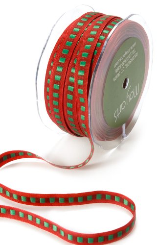 May Arts 3/8-Inch Wide Ribbon, Red with Green Squares