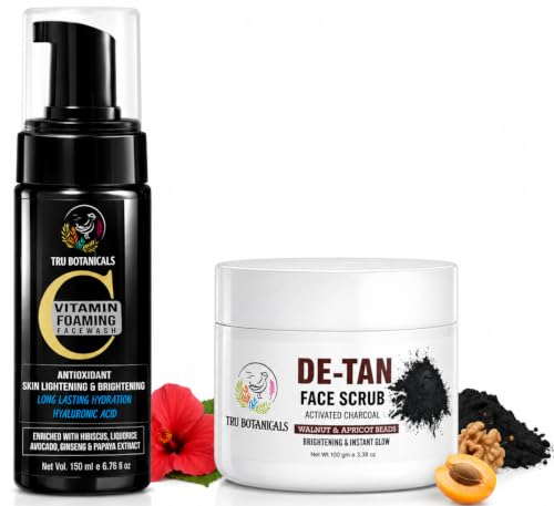Image of Vitamin C Face Wash & De-Tan Scrub Combo | Hyaluronic Acid, Niacinamide, Glycolic Acid & Kojic Acid | Tan Removal, Pimple Marks, Dark Spots, Blackheads, Oil & Dirt Removal | Soap-Free | Sulphate & Paraben Free | Face & Body | Men & Women | 150 ml + 100 g