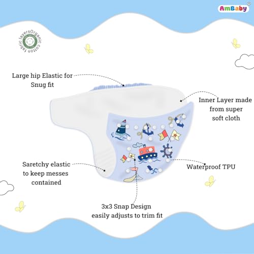Image of Ambaby Cloth Diapers Pants Quick Dry Comfort GOTS Certified Free Size Button Adjustable, Washable And Reusable Multilayered Cotton Pads And Boosters Sea Sailor Themed