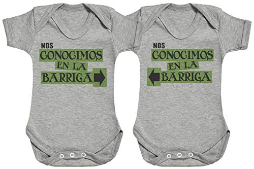 Spoilt Rotten SR - Nos conocimos en la Barriga - Conjunto Gemelo - Camisillas para bebé - Body para bebé niño - Body para bebé niña - 12-18 Meses Gris