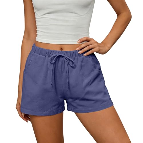 Shorts de Lino para Mujer Verano Ligeros,Pantalones Cortos de Algodón y Lino para Mujer, con Cordón y Cintura Elástica, Estilo Casual,Shorts Deportivos con Bolsillos