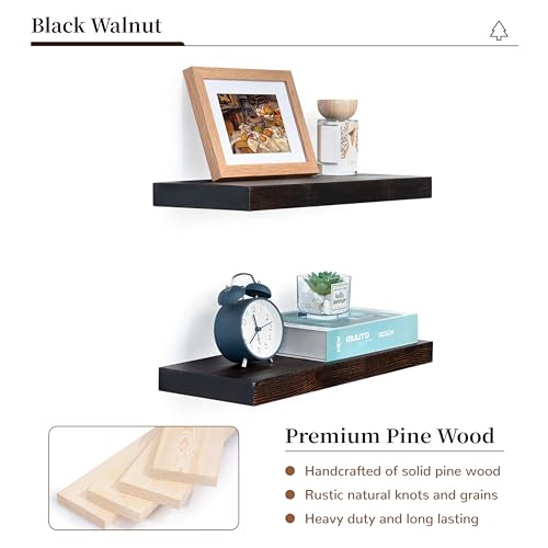 Image of Marsmiles Wood Floating Shelves | Rustic Dark Wood Wall Shelves Set of 2 | 16 inch W x 6.7 inch D Wooden Floating Shelves for Bathroom Kitchen Living Room Bedroom
