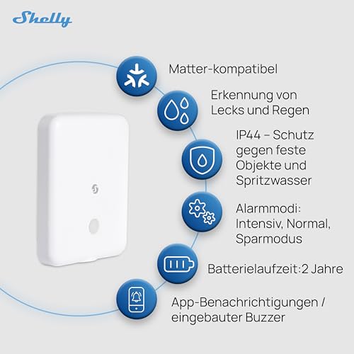 Shelly Flood Gen4 - Smarter Matter Wassersensor mit Leck-Sensorkabel, IP44, Flut- & Regenerkennung, Anpassbare Alarmstufen, Leckerkennung, Zeitschaltuhr, Alexa, Google Home & Zigbee