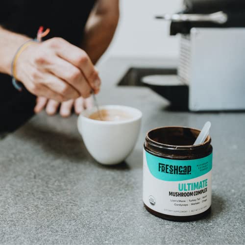 Freshcap - Ultimate Mushroom Complex - Pure Extract Powder - Usda Organic - Lions Mane, Reishi, Cordyceps, Chaga, Turkey Tail, Maitake -60G- Supplement - Add To Coffee– Real Fruiting Body–No Fillers #TOP5