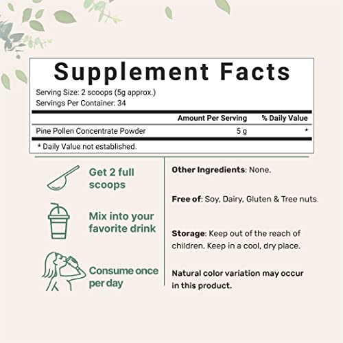 Pure Pine Pollen Powder, 6 Ounce, Wild Harvest An Broken Cell Wall, Supports Immune System Health, Boosts Energy, Antioxidant & Androgenic, No Gmos, Vegan Friendly #TOP1