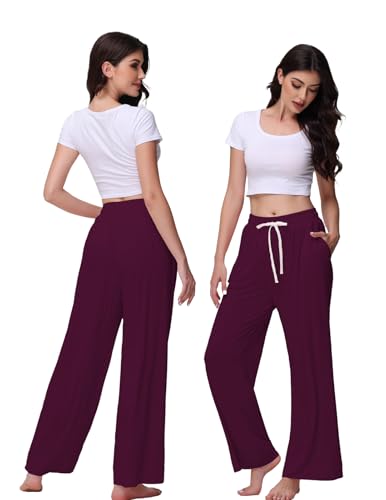 Image of Veseacky Women's Wide Leg Lounge Pants Yoga Pajamas Comfy Stretch Drawstring Pajamas Puls Size Dance Bottoms S-4XL