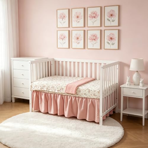 Image of Organic Cotton Muslin Baby Crib Bedding Set 3 Piece Soft for Infant Newborn Toddler Boys Girls 52 inchx28 inch, Nursery Bed Quilt Set Decor with Fitted Crib Sheet, Floral Quilted Comforter Blanket, Bed Skirt