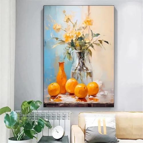 Vase de fleurs orange tableau texturé 80x120 cm pour salon moderne