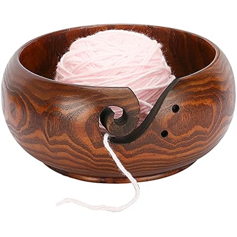 LOOEN Wooden Yarn Bowl Holder Rosewood, 6" x 3" Knitting Wool Storage Basket Round with Holes Handmade Craft Crochet Kit Organizer Perfect for Mother's Day(Wine Red) Cover