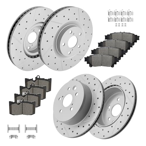 Fraxle Front and Rear Drilled & Slotted Disc Brake Rotors Ceramic Brake Pads Kit for Lexus GS200t, GS350, GS450h, IS200t, IS300, IS350, RC200t, RC300, RC350