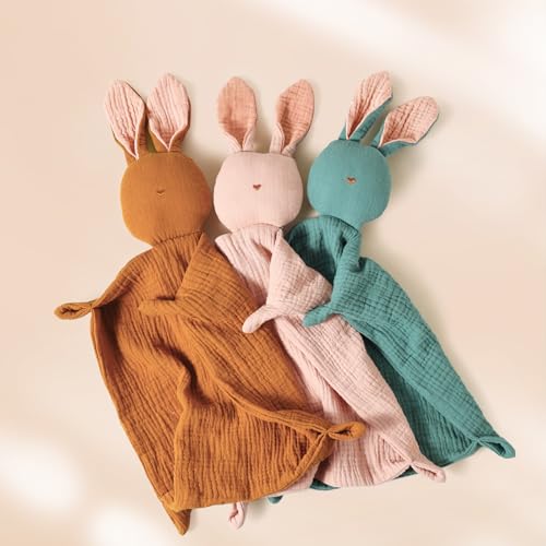 Image of insular Bunny Lovey Blanket for Boys and Girls, Organic Cotton Muslin Security Blanket for Babies, Soft Breathable Lovie Soothing Towel for Newborn and Infant, Blue&Green