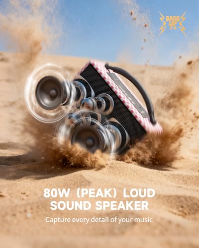 Image of DINDIN Portable Bluetooth Speaker: 80W (Peak), 20H Playtime, Wireless Big Wood Boombox with Deep Bass, Subwoofer, TWS, Large, Loud Speaker for Party, Outdoor, Backyard, Beach, Home,Gift(Pink+White)