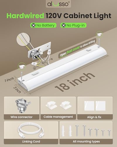Image of ALUSSO 18 Inch LED Under Cabinet Lighting Hardwired 120V, 5CCT Color Selectable 2700K-5000K Dimmable 10W 800LM High Brightness, CRI 90+ Strip Linkable Under Counter Lights for Kitchen Sink, 2 Pack