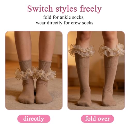 Image of Women Big Ruffle Ankle Socks Adult Double Lace Frilly Socks Fold Cuff Cotton Ruffled Dress Crew Bobby Bride Sock