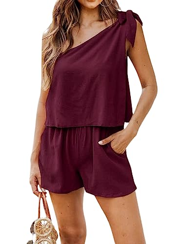 Women's Slant Collar, Sexy Sweet Twopiece Set, Oneshoulder Laceup Top, Wideleg Elasticated Waist Sh