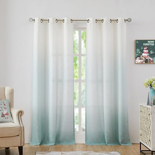 Central Park Ombre Window Curtain Panel Linen Gradient Print on Rayon Blend Fabric Drapery Treatments for Living Room/Bedroom, Cream White to Aqua, 40" x 84", Set of 2