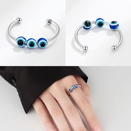 Image of El Regalo 2PCs Eye Catching Fidget Meditation Adjustable Finger Rings for Girls & Women- Retro Blue Evil Eyes Opening Adjustable Rotating Beads Rings