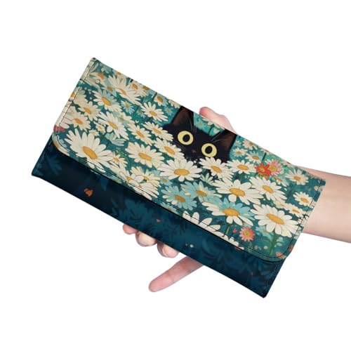 Image of AFPANQZ Womens Wallets Leather Trifold Multi Card Holder Slots Wallet, Cute Black Cat Daisy Print Elegant Clutch Phone Holder Zip Inner Pocket Multi-Cards Slots Large Travel Wallet