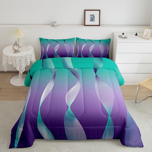 Erosebridal Gradient Gradient Teal to Purple Bedding Set Ombre Twin Comforter Set for Boys,Trippy Spiral Silver Wave Line Quilt,Abstract Art Room Decor Aesthetic