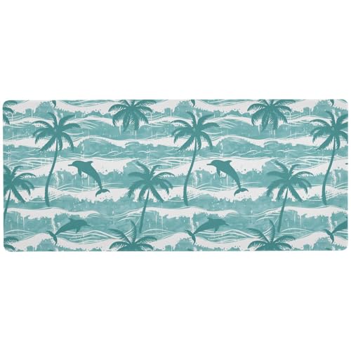 Alfombrilla de ratón grande lavable con diseño de árbol de coco y delfín, para juegos, antideslizante, 31.5 x 11.8 pulgadas