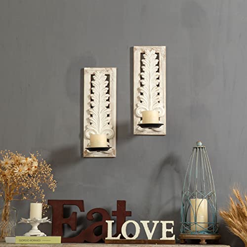Sofe Openwork Carving Wall Candle Sconces Set Of Two, Distressed White Finish Wooden Candle Holder Wall Decor Living Room, Rustic Farmhouse Candle Wall Sconces, Bedroom Hallway Wall Art Decoration #TOP1