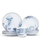 Minh Long 12-PCS Porcelain Coastal Dinnerware Set, Plates, Bowls, Service for 4, Chip & Scratch Resistant, Oven Safe up to 482°F, Non toxic, Lead & Cadmium Free, Stackable, Dishwasher & Microwave Safe