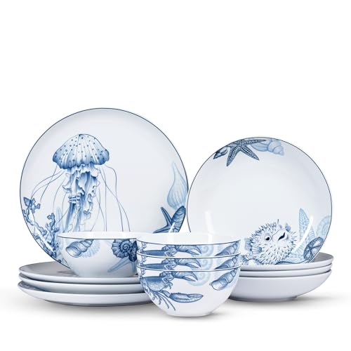 Minh Long 12-PCS Porcelain Coastal Dinnerware Set, Plates, Bowls, Service for 4, Chip & Scratch Resistant, Oven Safe up to 482°F, Non toxic, Lead & Cadmium Free, Stackable, Dishwasher & Microwave Safe